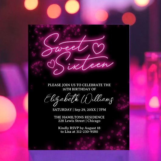 Sweet 16-Bday Hot Pink Neon Glow Budget Invitation