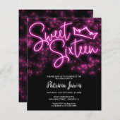 Sweet 16-Bday Hot Pink Neon Glow Budget Invitation (Voorkant / Achterkant)