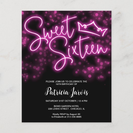 Sweet 16-Bday Hot Pink Neon Glow Budget Invitation (Voorkant)