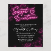 Sweet 16-Bday Hot Pink Neon Glow Budget Invitation (Voorkant)