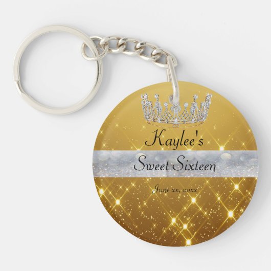 Sweet 16 Beauful Gold Satin Silver Bokeh Banner Sleutelhanger (Voorkant)