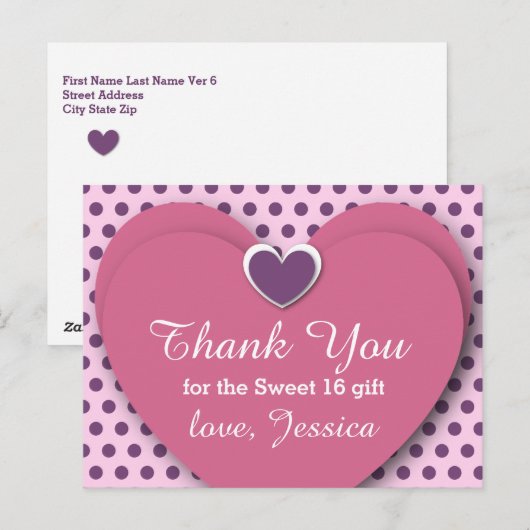 SWEET 16 Bedankt Harten Stippen B03 PAARSE Briefkaart (Voorkant / Achterkant)