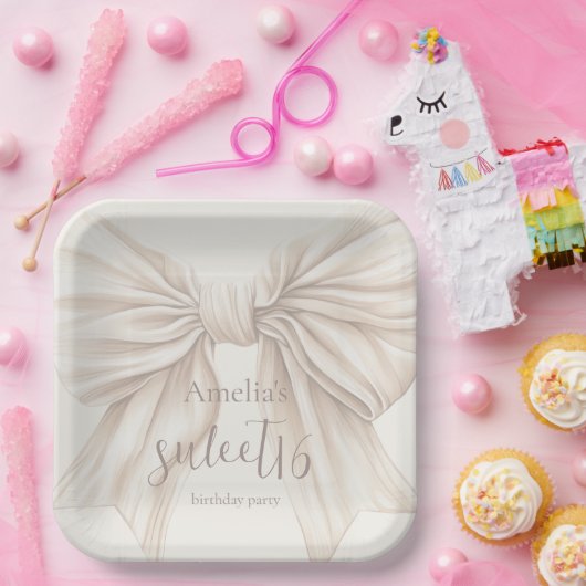 Sweet 16 Beige Bow Waterverf Papieren Bordje (Feest)