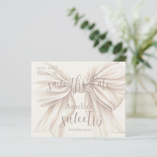 Sweet 16 Beige Bow Waterverf Save the Date (Staand voorkant)
