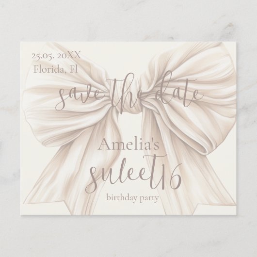 Sweet 16 Beige Bow Waterverf Save the Date (Voorkant)