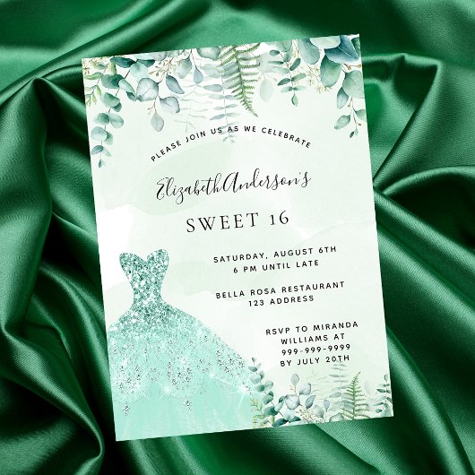 Sweet 16 betoverde luxe bosgroene jurk kaart