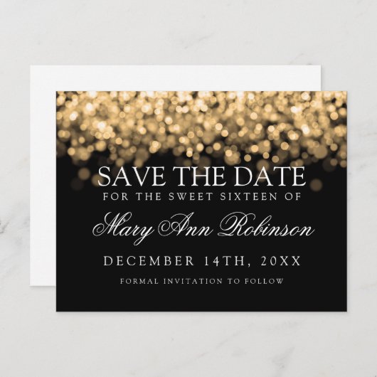 Sweet 16 Bewaar de datum glinsterende gouden licht Aankondigingskaart (Voorkant / Achterkant)