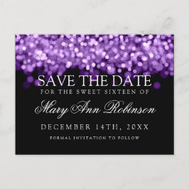 Sweet 16 Bewaar de datum glinsterende Paarse licht Aankondigingskaart
