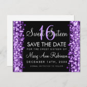 Sweet 16 Bewaar de datum Paarse Party Sparkles Aankondigingskaart (Voorkant / Achterkant)