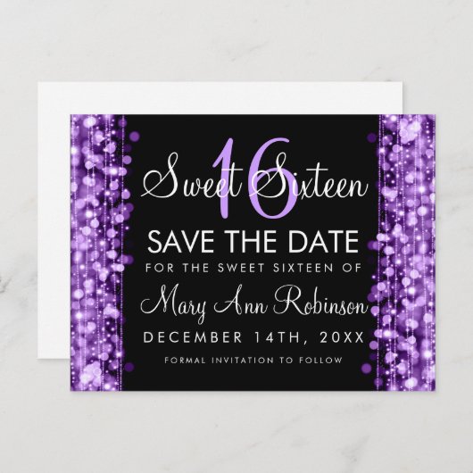 Sweet 16 Bewaar de datum Paarse Party Sparkles Aankondigingskaart (Voorkant / Achterkant)