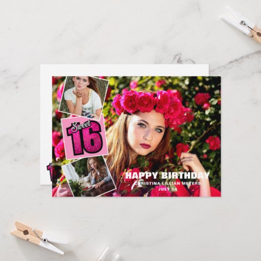 Sweet 16 Birthday 4 Fotocollage Kaart (Voorkant / Achterkant in situ)