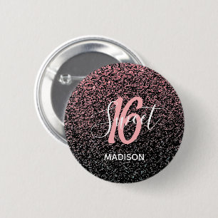 Sweet 16 Birthday Black Blush Pink Glitter Name Ronde Button 5,7 Cm