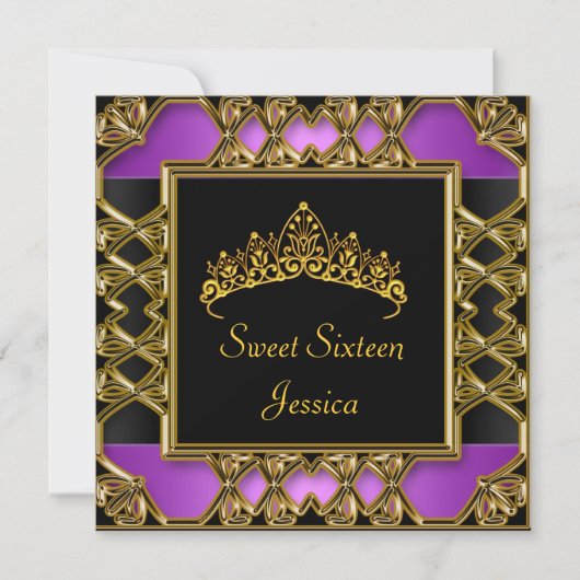 Sweet 16 Birthday Black Paars Gold Tiara Kaart (Voorkant)
