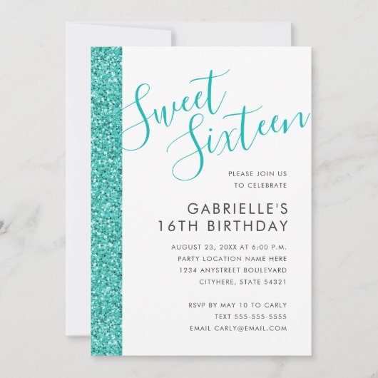 Sweet 16 Birthday Blauwgroen Blue Glitter Invitati Aankondiging (Voorkant)
