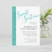 Sweet 16 Birthday Blauwgroen Blue Glitter Invitati Aankondiging (Staand voorkant)