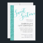 Sweet 16 Birthday Blauwgroen Blue Glitter Invitati Aankondiging<br><div class="desc">Glamoureus glitter, modern, en eenvoudig blauwgroen blauw, roodbruin, turquoise of ontbijtfilm thema glitter stripe aanpasbare verjaardagsuitnodigingen. Meisjes, maar niet bang voor een elegante en klastige feestdag. Het ontwerp op de rug kan worden uitgegeven of worden verwijderd, enkel klik VERDER AANPASSEN. Controleer ons collectie van de ontwerper voor het coördineren van...</div>