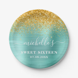 Sweet 16 Birthday Blauwgroen Gold Glitter Sparkle  Papieren Bordje