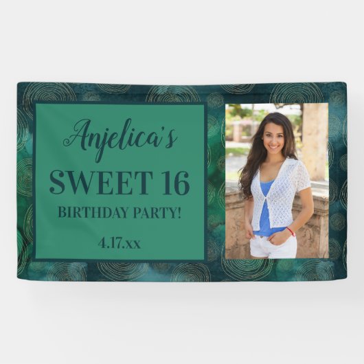 Sweet 16 Birthday Blauwgroen Green Foto Spandoek (Horizontaal)