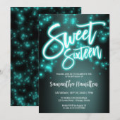 Sweet 16 Birthday Blauwgroen Neon Glow Dark Party Kaart (Voorkant / Achterkant)
