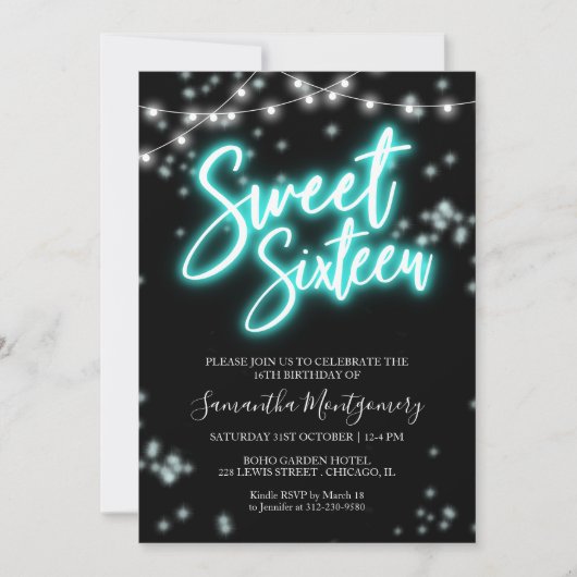 Sweet 16 Birthday Blauwgroen Neon Glow Dark Party Kaart (Voorkant)