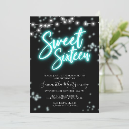 Sweet 16 Birthday Blauwgroen Neon Glow Dark Party Kaart (Staand voorkant)