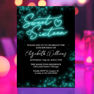 Sweet 16 Birthday Blauwgroen Neon Glow Dark Party Kaart