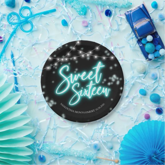 Sweet 16 Birthday Blauwgroen Neon Glow Dark Party Papieren Bordje (Feest)