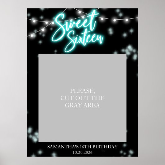 Sweet 16 Birthday Blauwgroen Neon Glow Dark Party Poster (Voorkant)