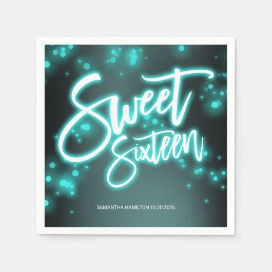 Sweet 16 Birthday Blauwgroen Neon Glow Dark Party Servet (Voorkant)