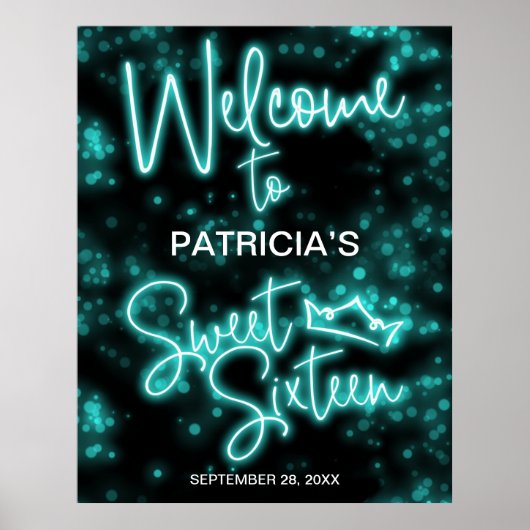 Sweet 16 Birthday Blauwgroen Neon Glow Welkomstbor Poster (Voorkant)