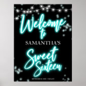Sweet 16 Birthday Blauwgroen Neon Glow Welkomstbor Poster (Voorkant)