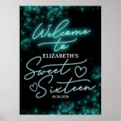 Sweet 16 Birthday Blauwgroen Neon Glow Welkomstbor Poster (Voorkant)