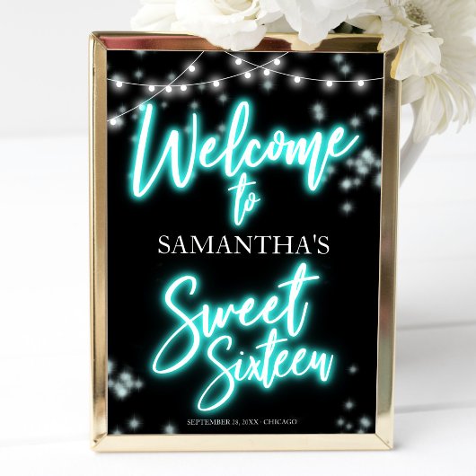 Sweet 16 Birthday Blauwgroen Neon Glow Welkomstbor Poster