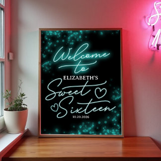 Sweet 16 Birthday Blauwgroen Neon Glow Welkomstbor Poster