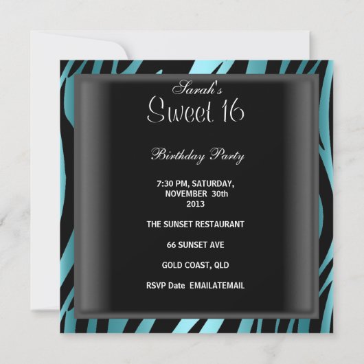 Sweet 16 Birthday Blue Zebra Black Stripe Kaart (Achterkant)