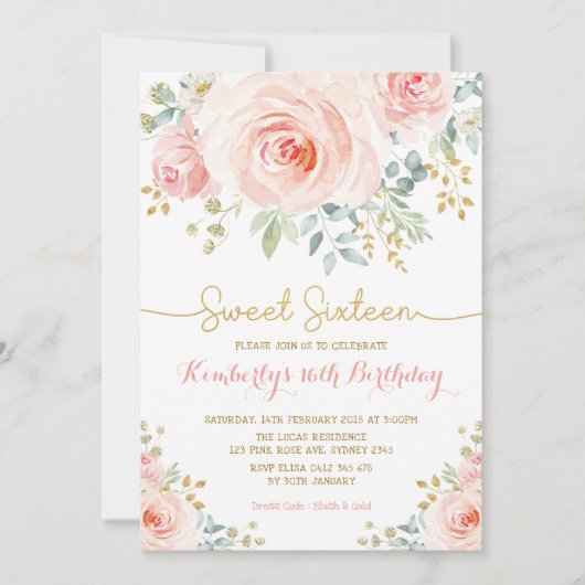 Sweet 16 Birthday Blush Gold Floral Sweet Sixteen Kaart (Voorkant)