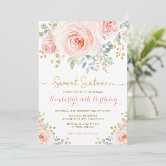 Sweet 16 Birthday Blush Gold Floral Sweet Sixteen Kaart (Staand voorkant)