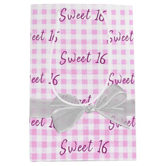 Sweet 16 Birthday Bow op Gingham Medium Gift Bag Cadeauzakje (Voorkant)