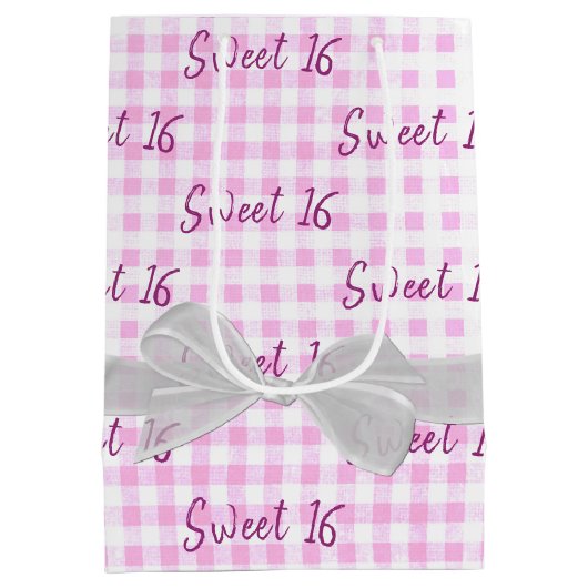 Sweet 16 Birthday Bow op Gingham Medium Gift Bag Cadeauzakje (Achterkant)