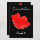 Sweet 16 Birthday Bright Red Lips op Black 3 Kaart (Voorkant / Achterkant)