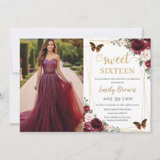 Sweet 16 Birthday Burgundy Blush Floral Butterfly Kaart (Voorkant)