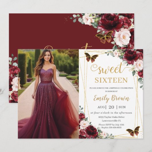 Sweet 16 Birthday Burgundy Blush Floral Butterfly  Kaart (Voorkant / Achterkant)