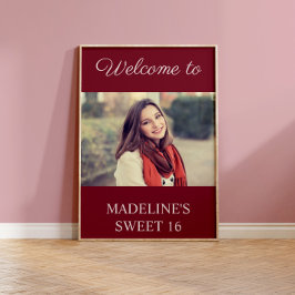 Sweet 16 Birthday Burgundy Name Photo Welcome Poster