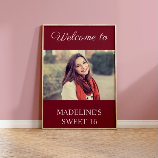 Sweet 16 Birthday Burgundy Name Photo Welcome Poster