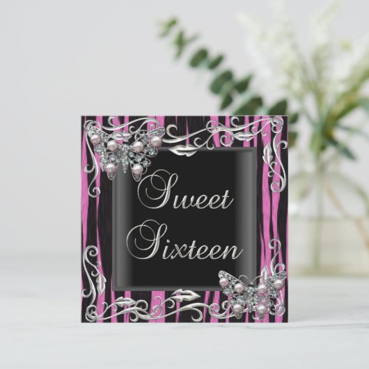 Sweet 16 Birthday Butterfly Zebra Black Pink Kaart (Staand voorkant)