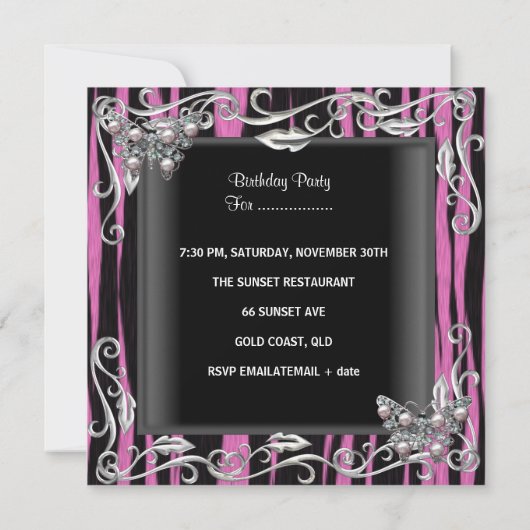 Sweet 16 Birthday Butterfly Zebra Black Pink Kaart (Achterkant)