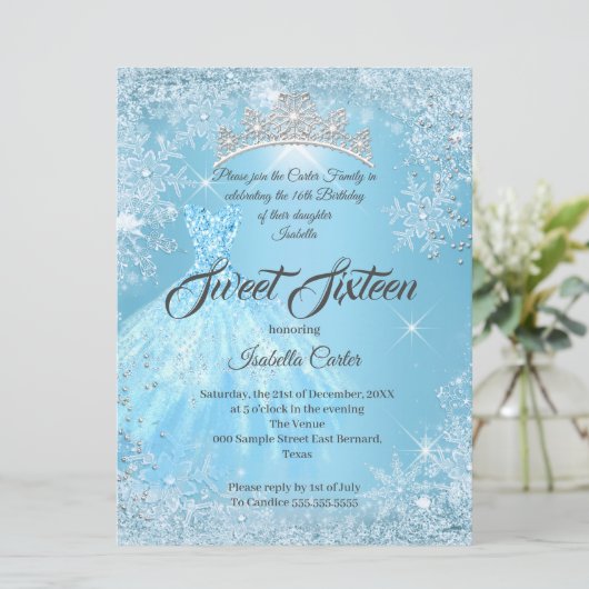 Sweet 16 Birthday Cinderella Blue Snowflake Winter Kaart (Staand voorkant)
