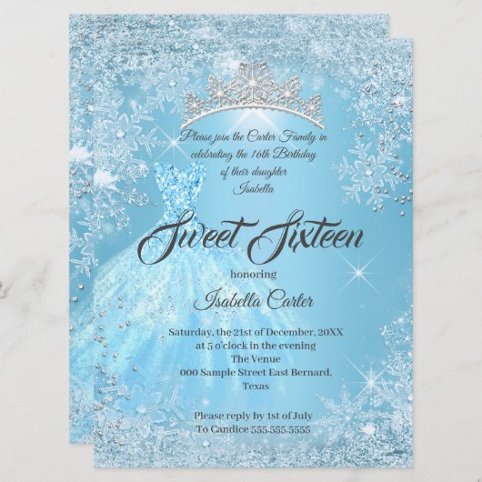 Sweet 16 Birthday Cinderella Blue Snowflake Winter Kaart (Voorkant / Achterkant)