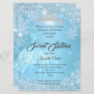 Sweet 16 Birthday Cinderella Blue Snowflake Winter Kaart
