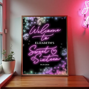 Sweet 16 Birthday Colorful Neon Glow Welcome Sign Poster